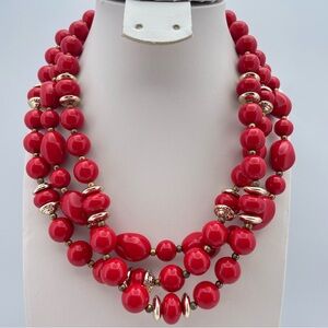 Red Acrilyc Beaded 3-Strand Statement Necklace Gold Accents 18” Vintage Style